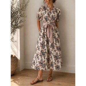 Lilla P Multicolor Split Neck Maxi Dress Puff Sleeve Size M Coastal Boho
